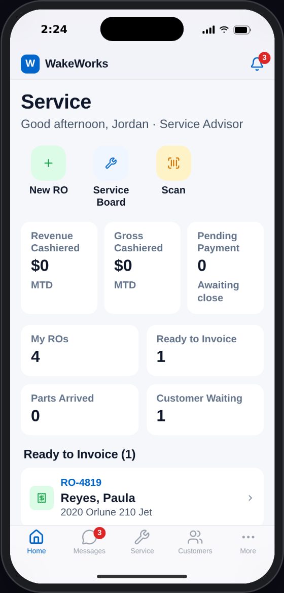 WakeWorks mobile app, Service advisor home screen