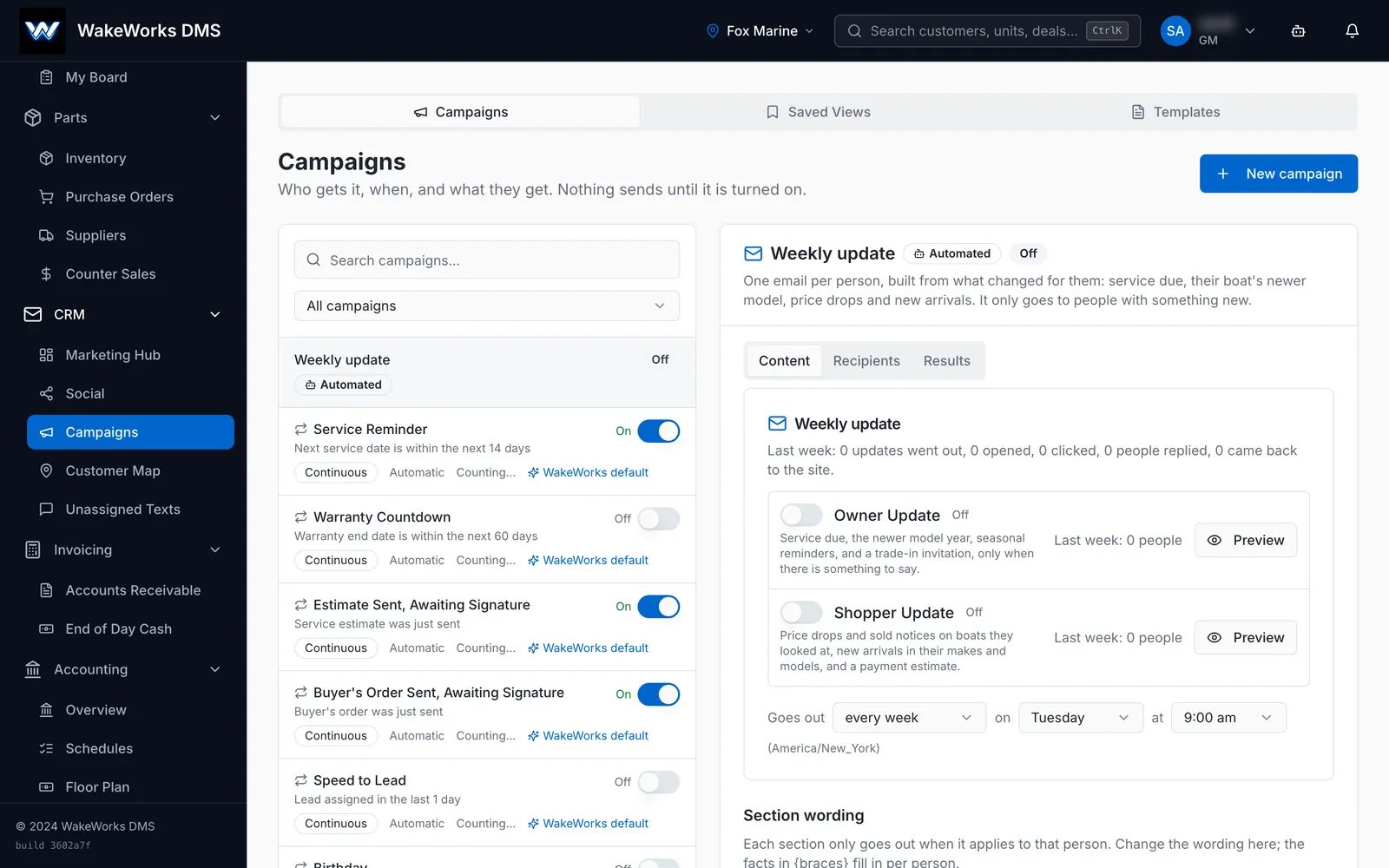 WakeWorks campaigns, with automated service, warranty and signature reminders