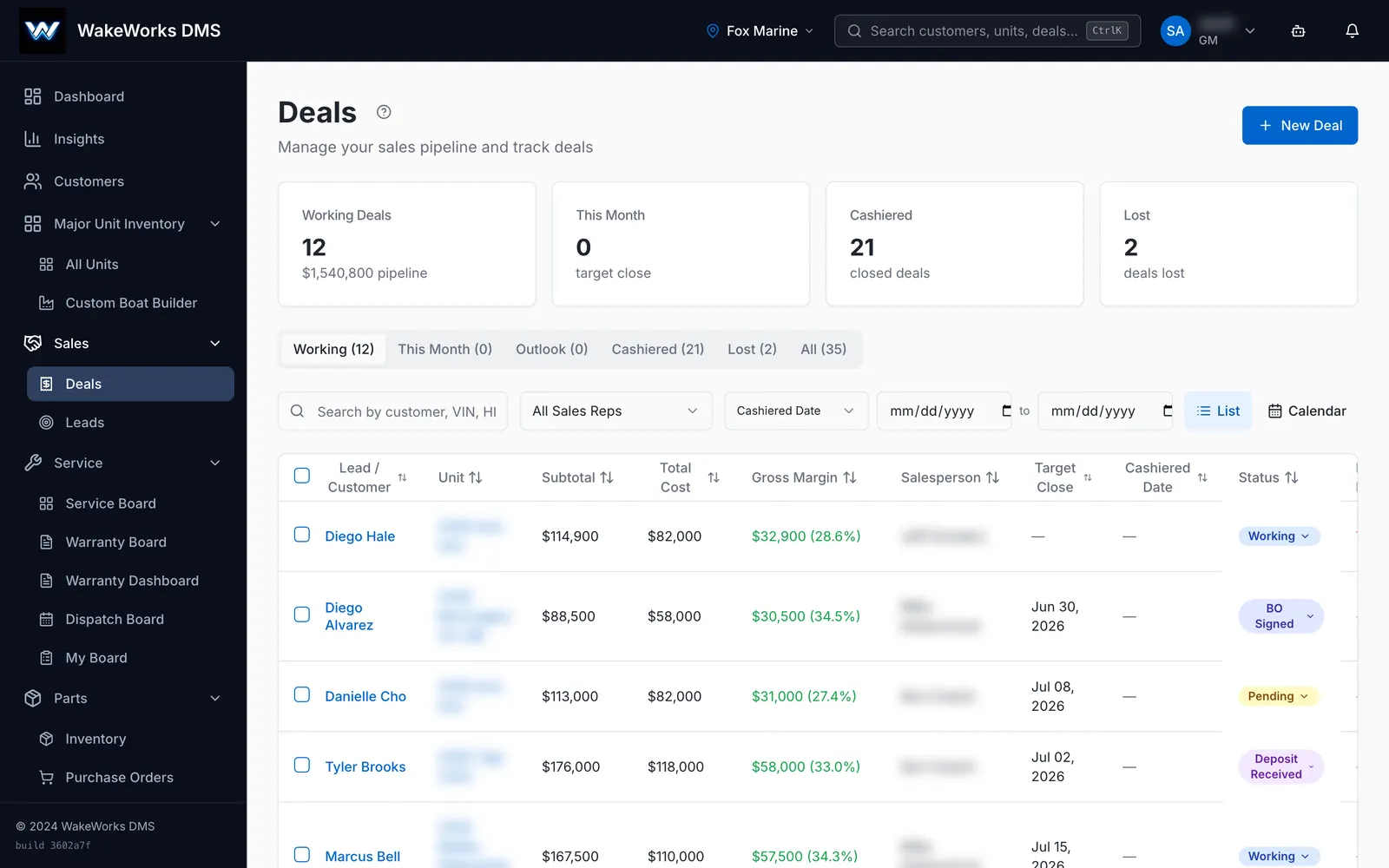 The Deals pipeline in WakeWorks, with pipeline value, gross margin and status for each deal