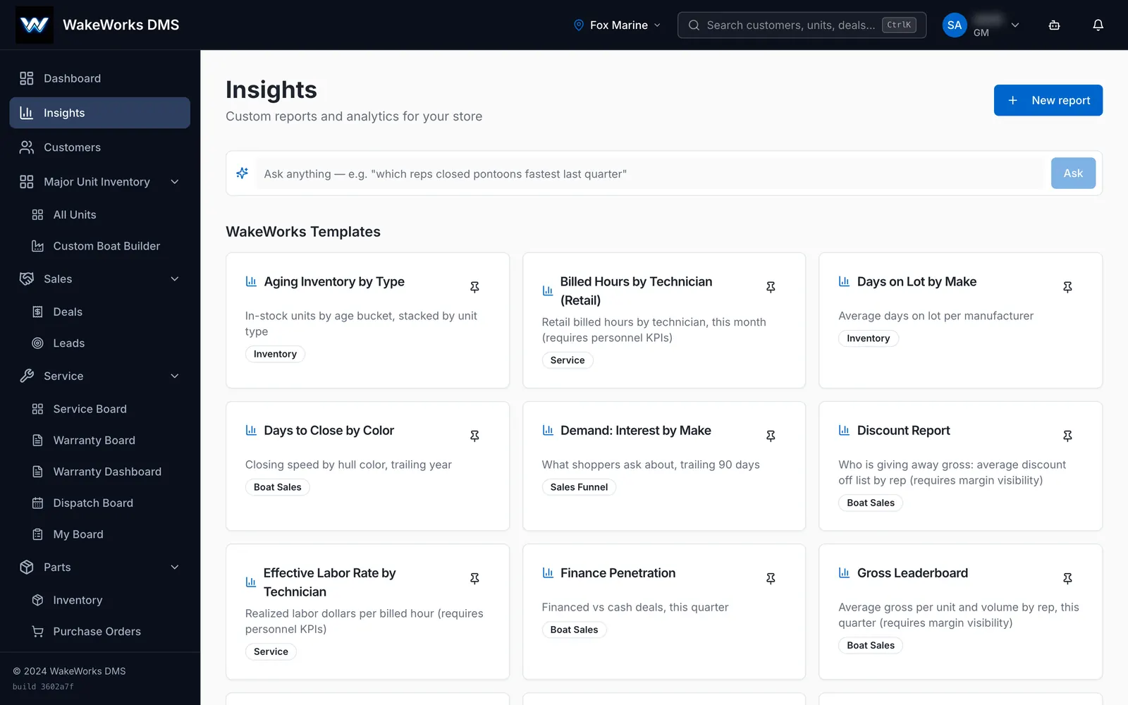 WakeWorks Insights, with ready-made report templates and an ask-anything search
