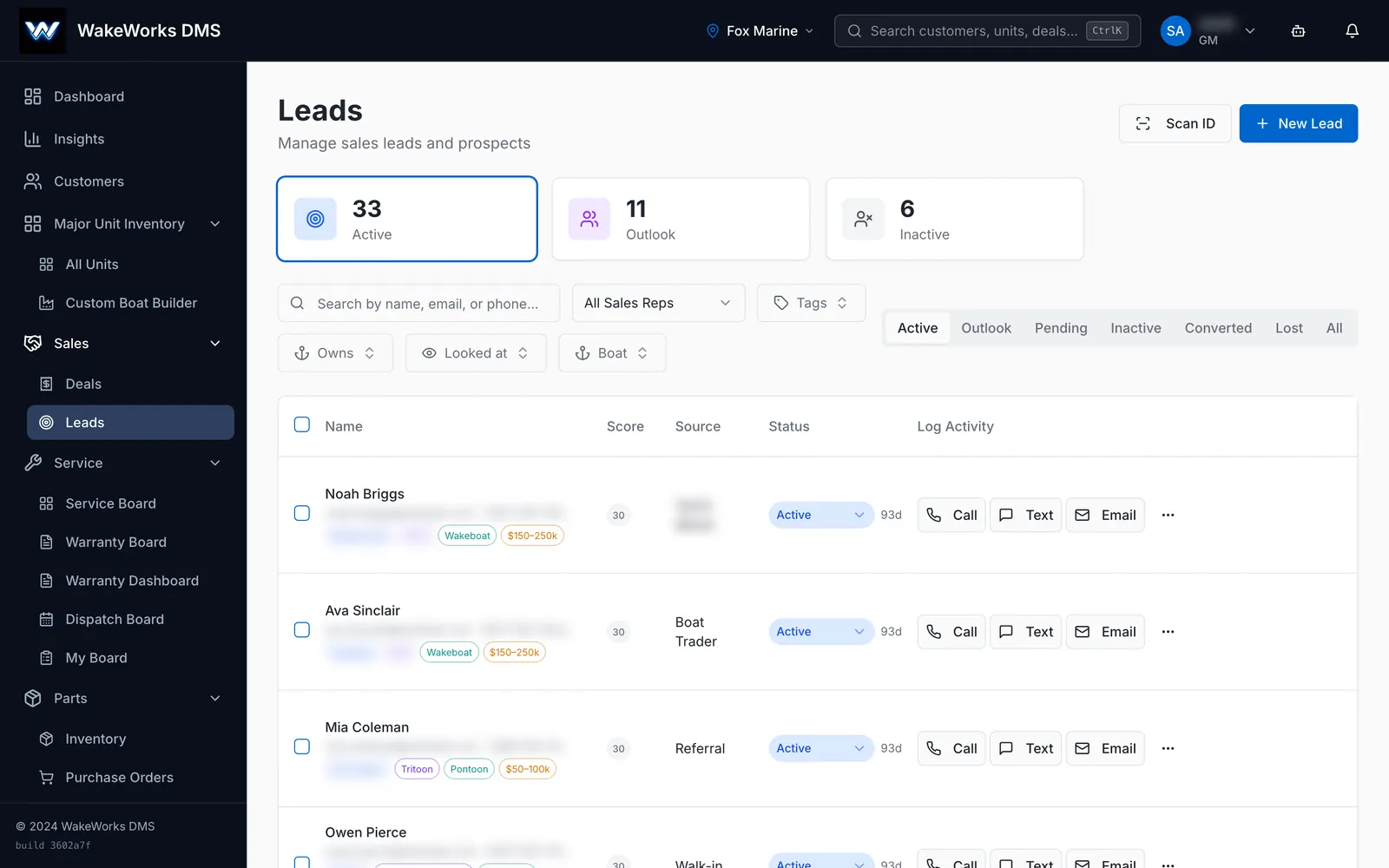 The Leads list in WakeWorks, with source, status and one-click call, text and email