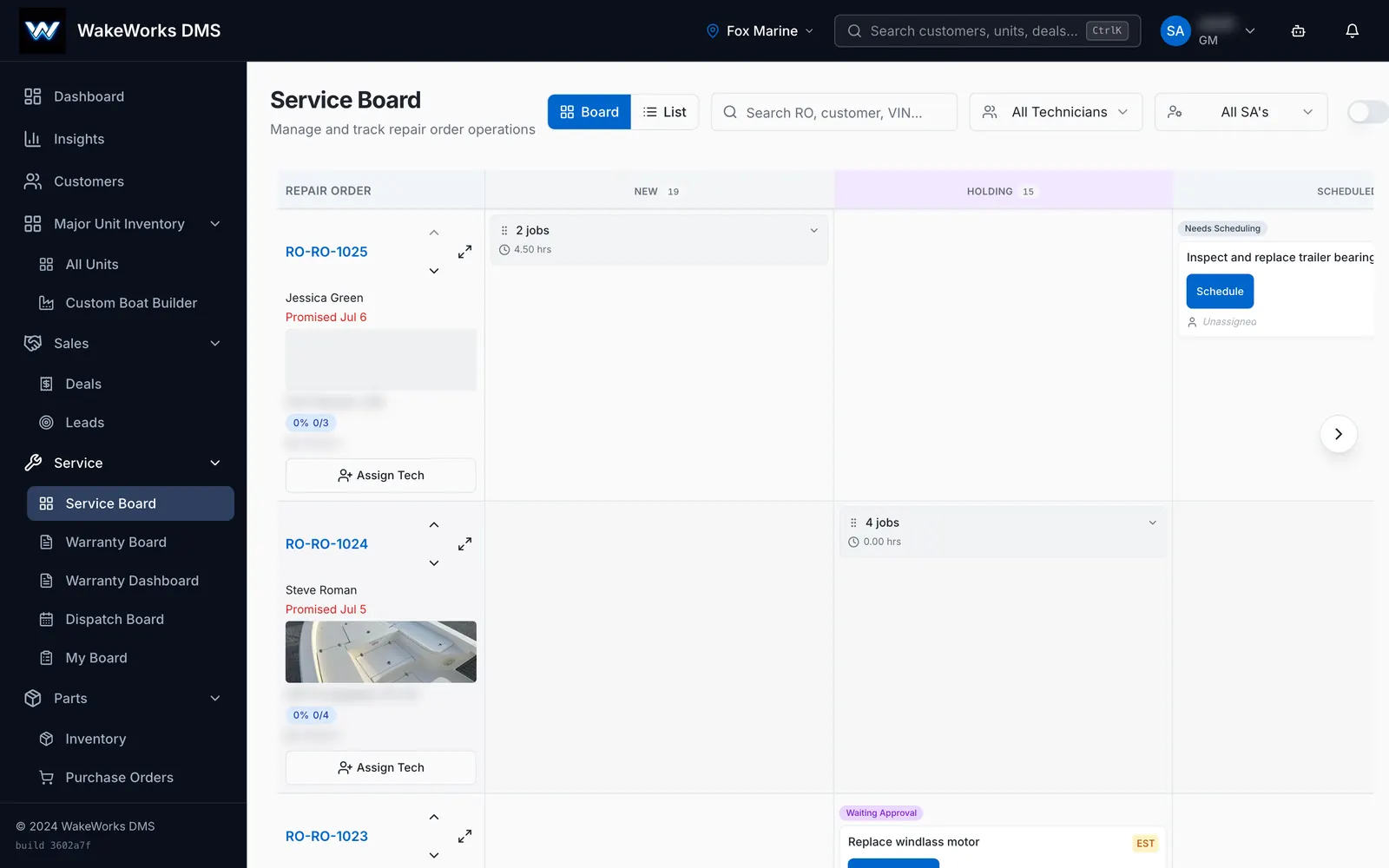 The WakeWorks service board, with repair orders moving across status columns